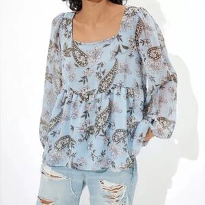 American Eagle Floral Tie Back Flowy Blouse Light Blue Paisley